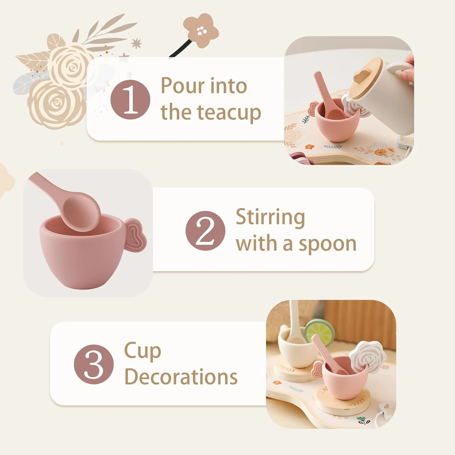 Tea Party Set for Kids - Wooden Tea Set for Little Girls 15PCS Silicone Toddler Tea Set Kitchen Accessories Pretend Play Toy Tea Set for Toddlers - Birthday Gift (Purple)