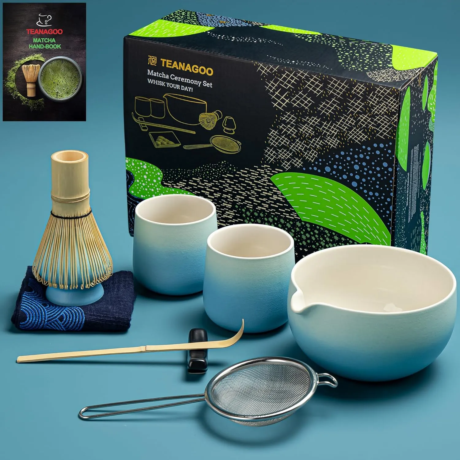 TEANAGOO 9 Pcs Matcha Whisk Set,Ceramic Matcha Set,Matcha Kit for Ceremony,Matcha Tea Set for Making Breakfast/Matcha Latte,Matcha Whisk and Bowl Set with 2 Matcha Cups(7.2oz),Gift for Matcha Lover