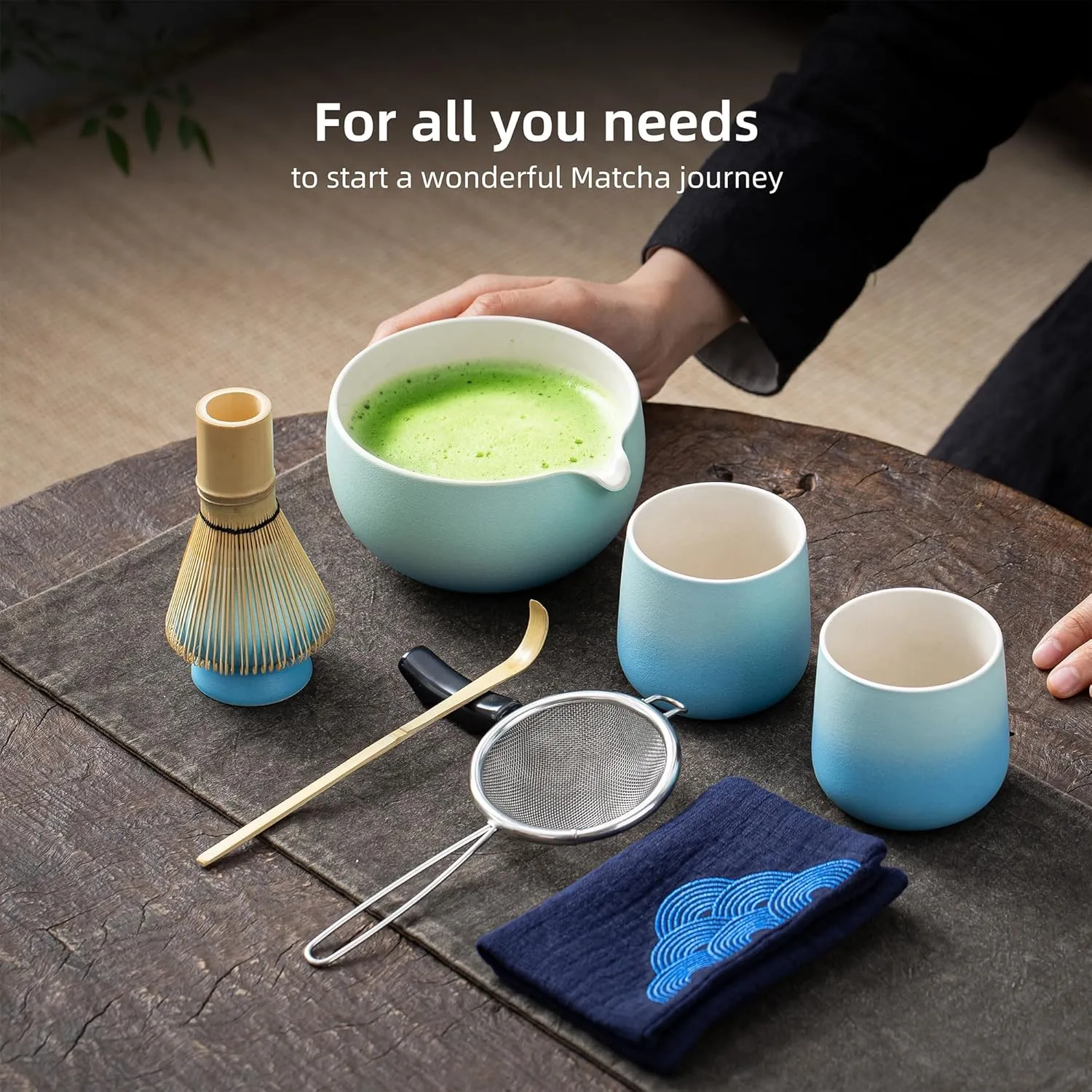 TEANAGOO 9 Pcs Matcha Whisk Set,Ceramic Matcha Set,Matcha Kit for Ceremony,Matcha Tea Set for Making Breakfast/Matcha Latte,Matcha Whisk and Bowl Set with 2 Matcha Cups(7.2oz),Gift for Matcha Lover