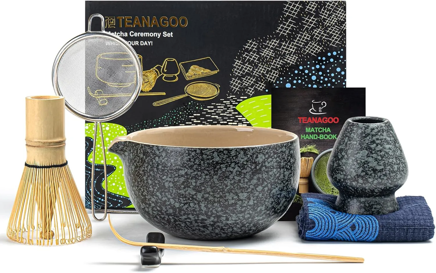 TEANAGOO Matcha Whisk Set Black,7 Pcs Matcha Set,Matcha Kit for Ceremony,Matcha Tea Set for Making Breakfast/Latte,Matcha Whisk Set with Bowl(Chawan)/Whisk and Holder,Gift for Matcha Lover