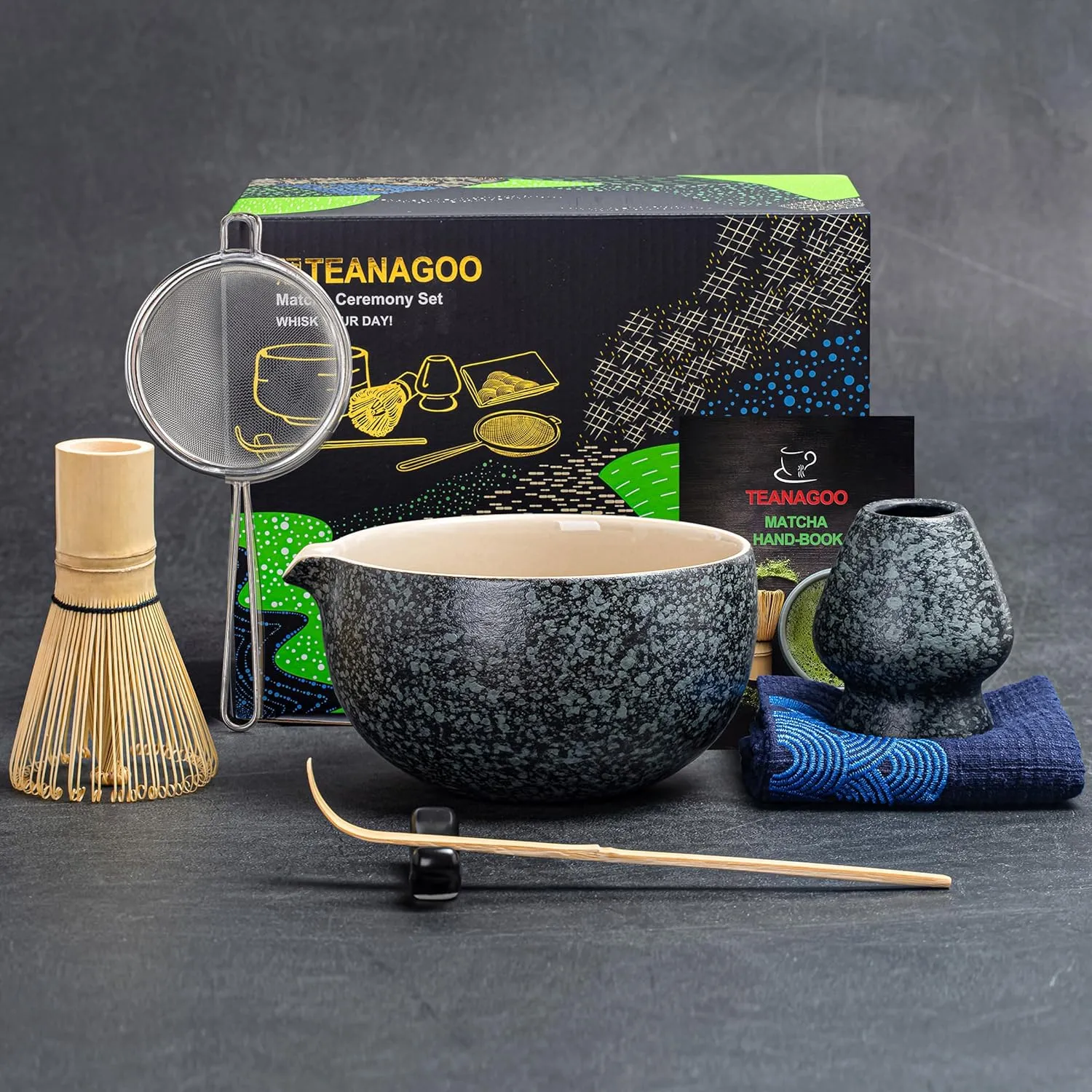 TEANAGOO Matcha Whisk Set Black,7 Pcs Matcha Set,Matcha Kit for Ceremony,Matcha Tea Set for Making Breakfast/Latte,Matcha Whisk Set with Bowl(Chawan)/Whisk and Holder,Gift for Matcha Lover