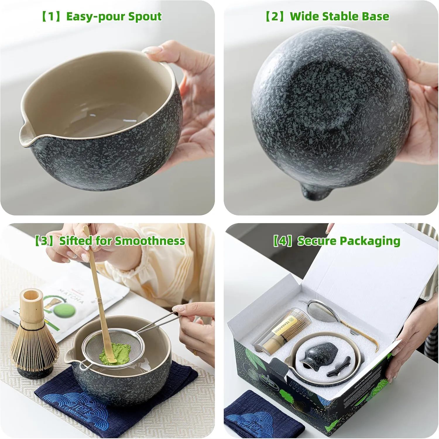 TEANAGOO Matcha Whisk Set Black,7 Pcs Matcha Set,Matcha Kit for Ceremony,Matcha Tea Set for Making Breakfast/Latte,Matcha Whisk Set with Bowl(Chawan)/Whisk and Holder,Gift for Matcha Lover