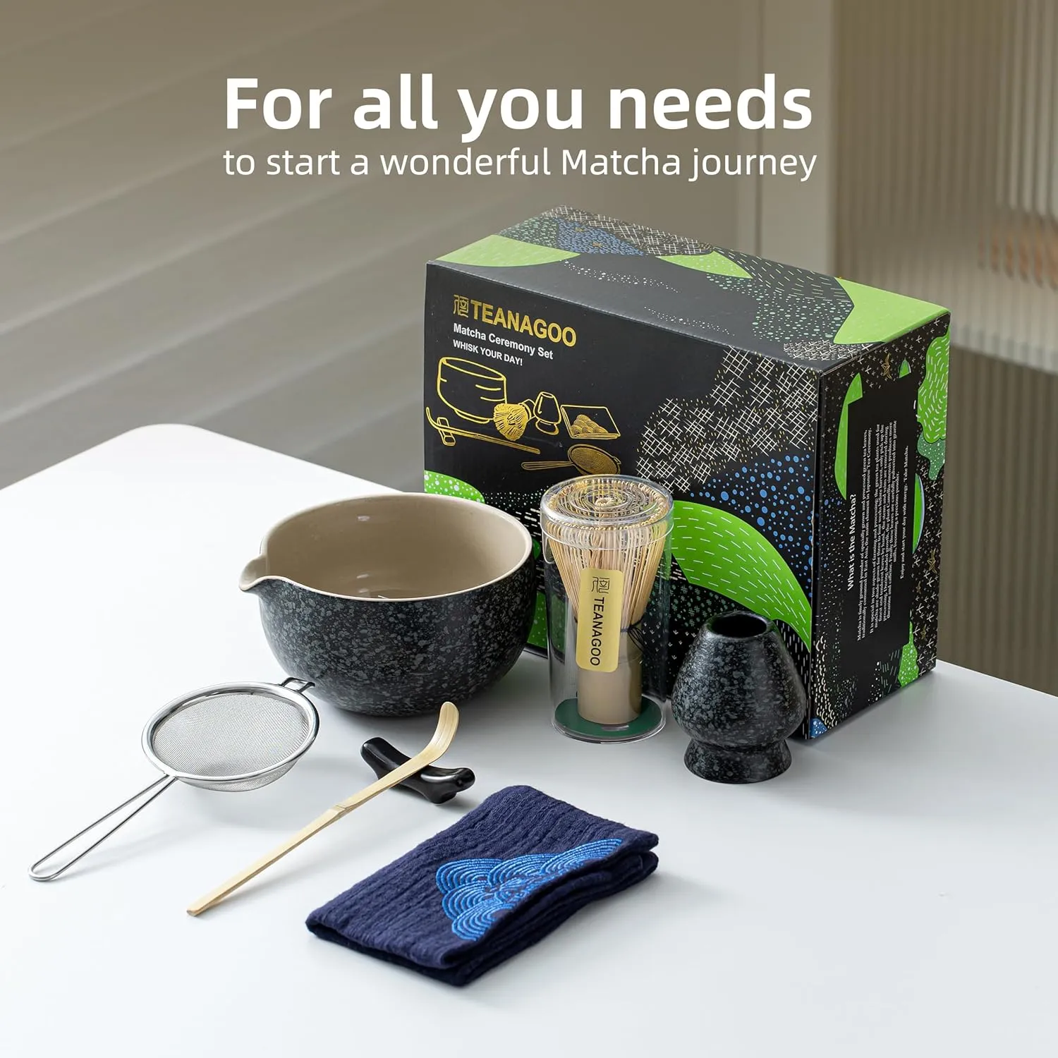 TEANAGOO Matcha Whisk Set Black,7 Pcs Matcha Set,Matcha Kit for Ceremony,Matcha Tea Set for Making Breakfast/Latte,Matcha Whisk Set with Bowl(Chawan)/Whisk and Holder,Gift for Matcha Lover
