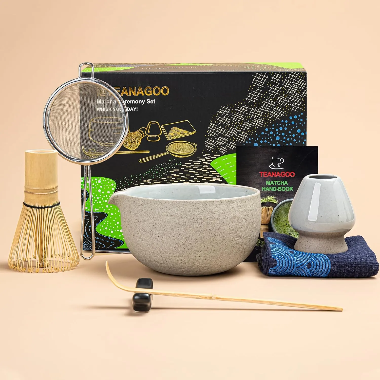 TEANAGOO Matcha Whisk Set,7 Pcs Matcha Set,Matcha Kit for Ceremony,Matcha Tea Set for Making Breakfast/Latte,Matcha Whisk Set and Bowl with All Accessories,Gift for Matcha Lover/Friend/Family