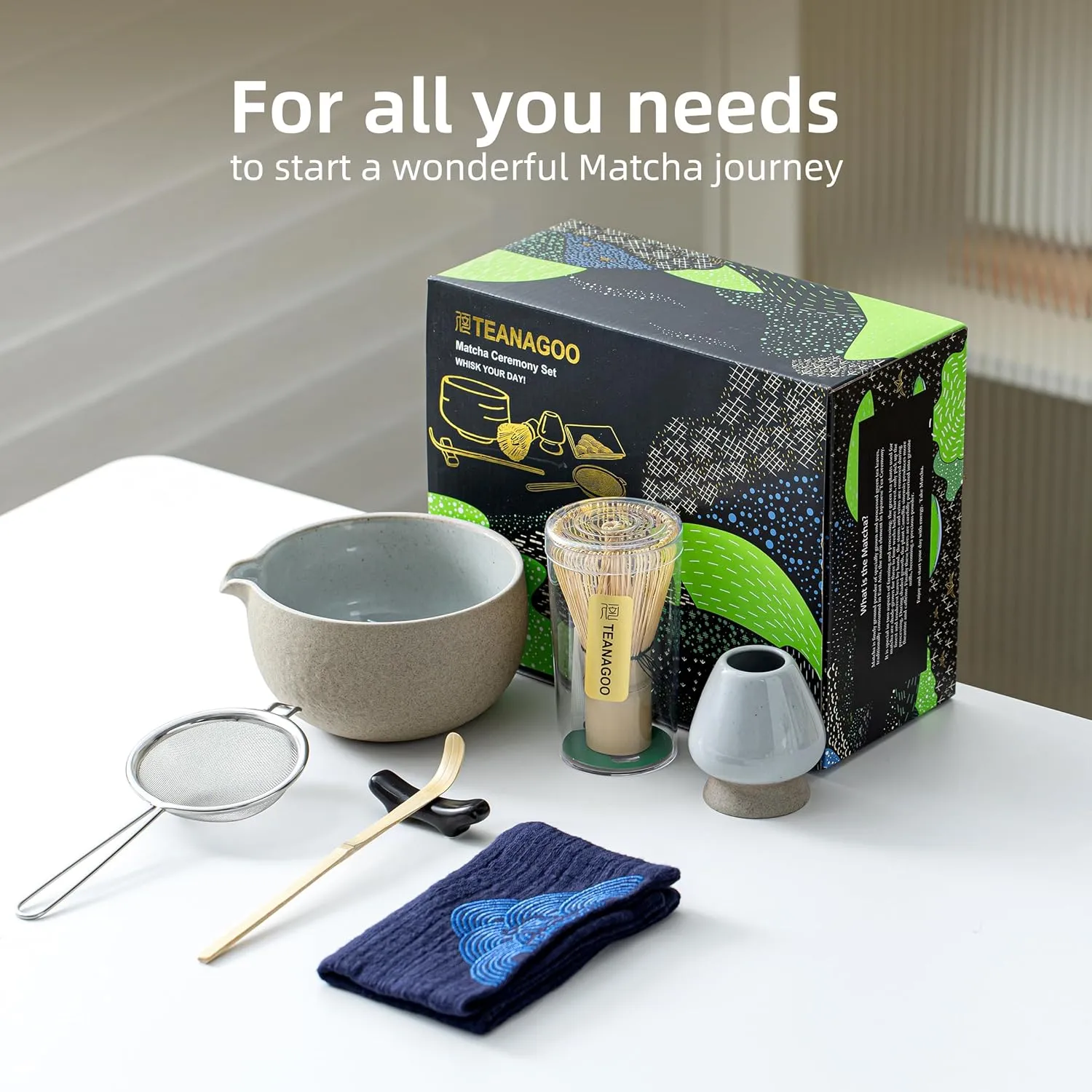 TEANAGOO Matcha Whisk Set,7 Pcs Matcha Set,Matcha Kit for Ceremony,Matcha Tea Set for Making Breakfast/Latte,Matcha Whisk Set and Bowl with All Accessories,Gift for Matcha Lover/Friend/Family