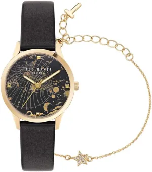 Ted Baker Ladies Black Leather Strap Watch & Star Bracelet Box Set (Model: BKGFW23029I)