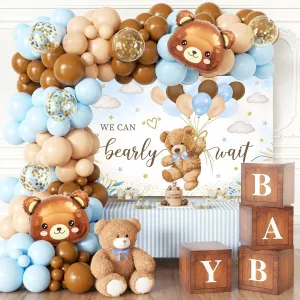 Teddy Bear Baby Shower Decorations for Boy, 124 Pieces We Can Bearly Wait Baby Shower Decor with Blue Brown Balloons, Backdrop, Wood Grain Baby Boxes Bear theme Gender Reveal Birthday Party