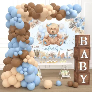 Teddy Bear Baby Shower Decorations for Boy Brown Blue Nude Balloon Wood Grain Baby Box Teddy Bear Boho Backdrop We Can Bearly Baby Shower It's a Boy Party Decorations Supplies