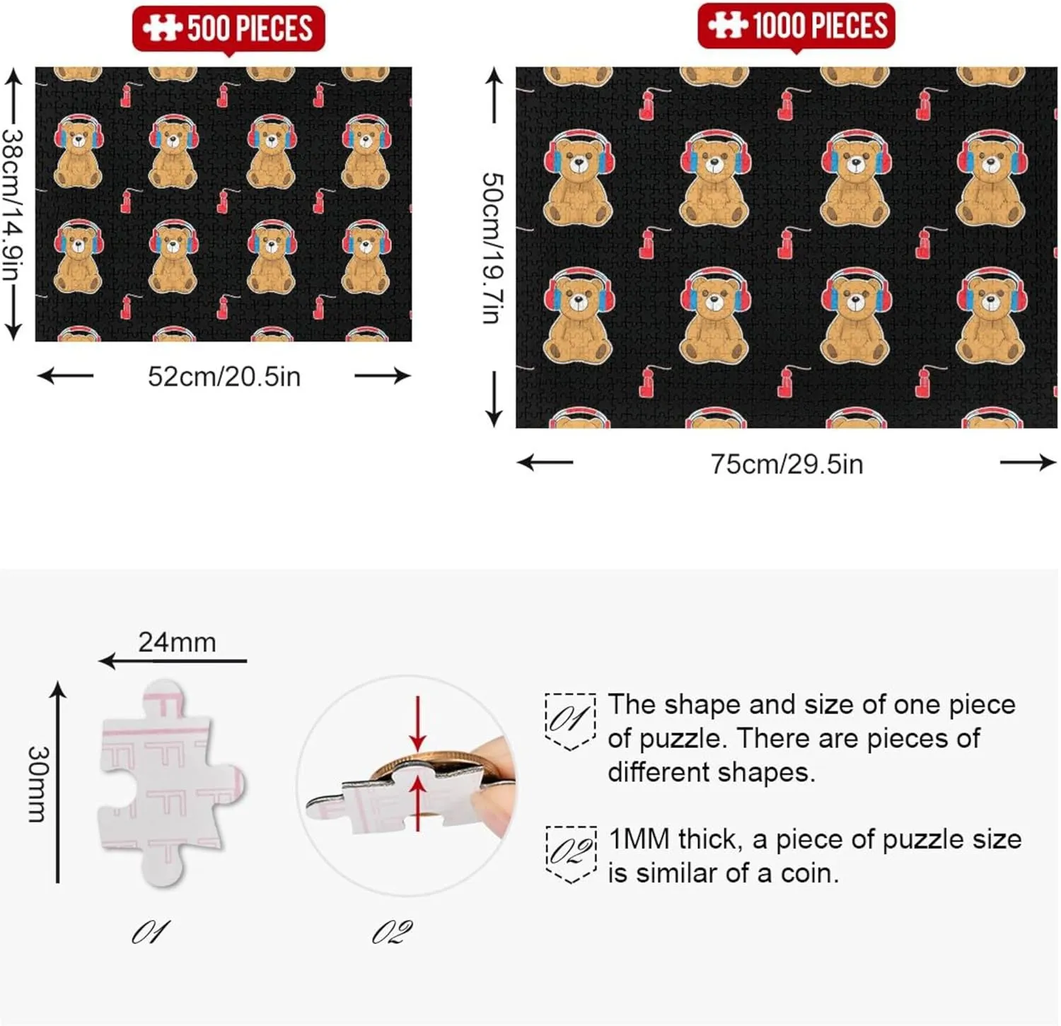 Teddy Bear Red Headphones Black Jigsaw 500 Piece Puzzles Adults Cartoon Animal Difficult Jigsaw Puzzle Gifts for Puzzle Lovers, 20.5x14.9 Inch