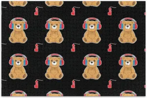 Teddy Bear Red Headphones Black Jigsaw 500 Piece Puzzles Adults Cartoon Animal Difficult Jigsaw Puzzle Gifts for Puzzle Lovers, 20.5x14.9 Inch
