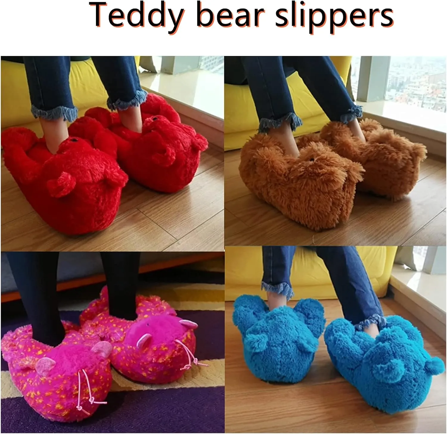 Teddy Bear Slippers, Christmas Cute Winter Warm Fluffy Fuzzy Soft Cute Animal Slippers Women House Indoor Cartoon Women Girls