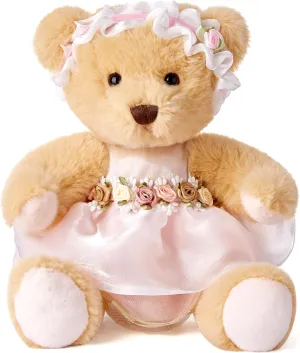 Teddy Bear Stuffed Animal,Small Soft Plush Toy in Dress with Cute Headband, Cuddly Gift for Babies, Boys, Girls on Christmas or Valentine's Day (White Rose Skirt)