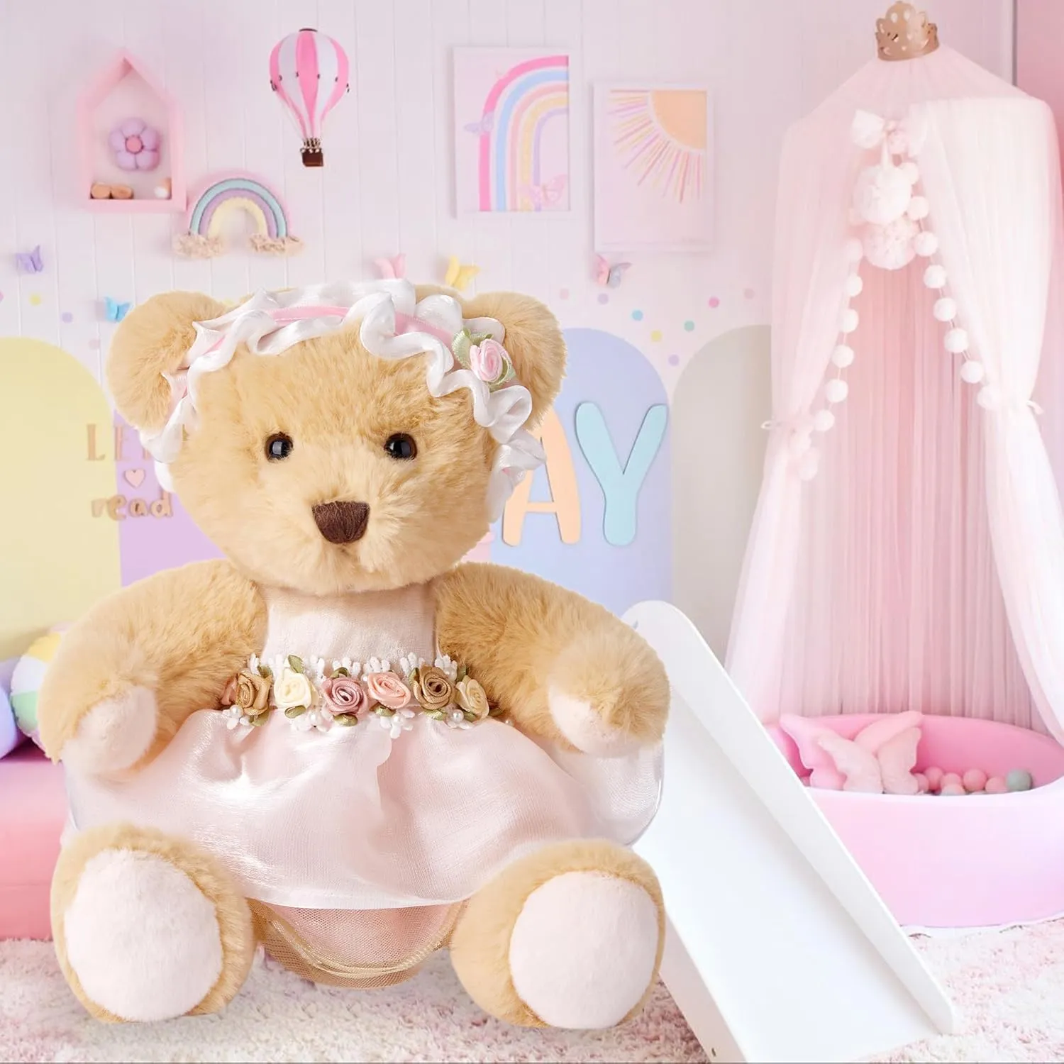 Teddy Bear Stuffed Animal,Small Soft Plush Toy in Dress with Cute Headband, Cuddly Gift for Babies, Boys, Girls on Christmas or Valentine's Day (White Rose Skirt)