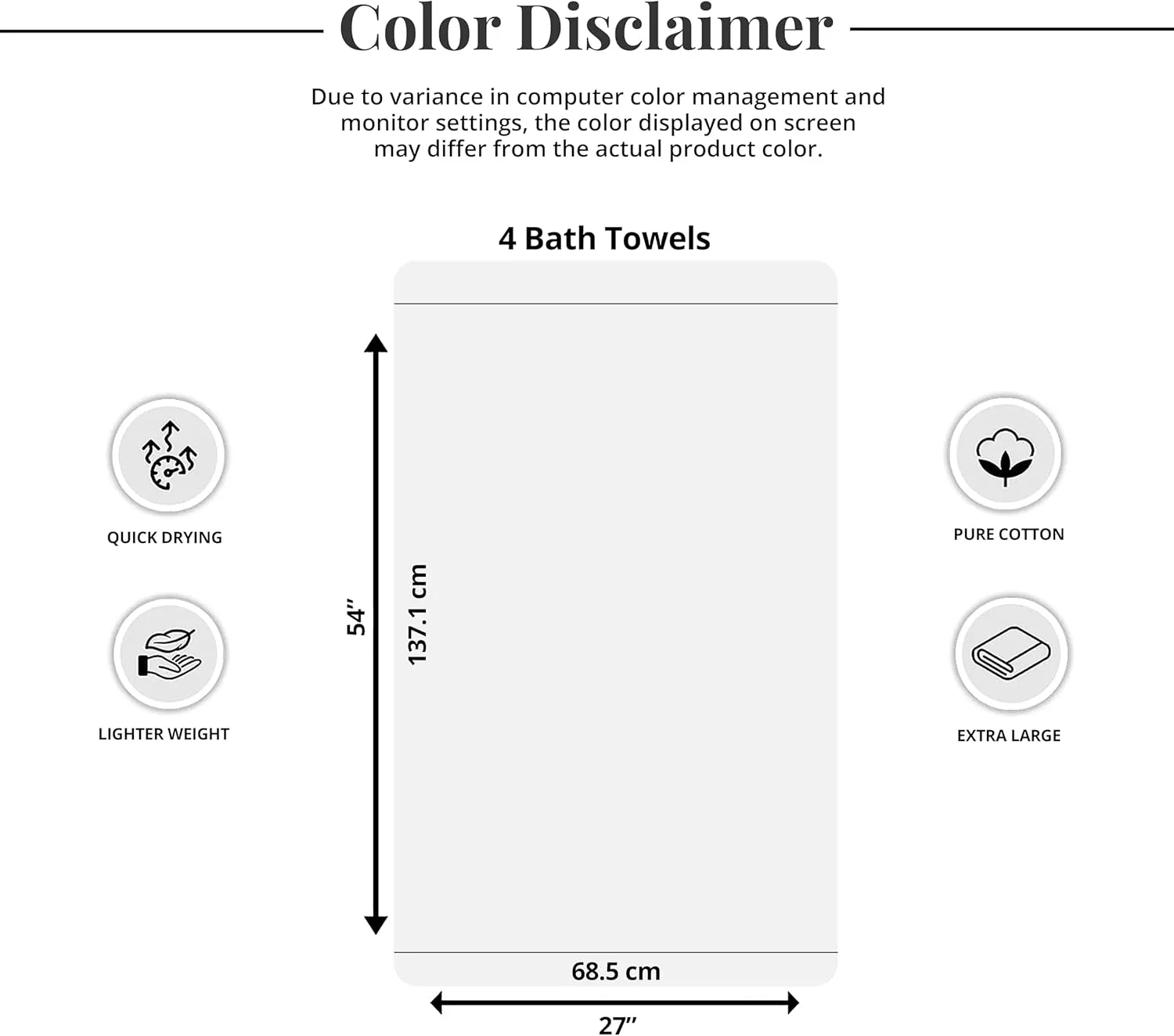 Tens Towels Pack of 4 Soft Bath Towels, 100% Cotton, 27 x 54 Inches, Lightweight & Quick-Dry, Ideal for Daily Bathroom Use, Practical & Comfortable, Black
