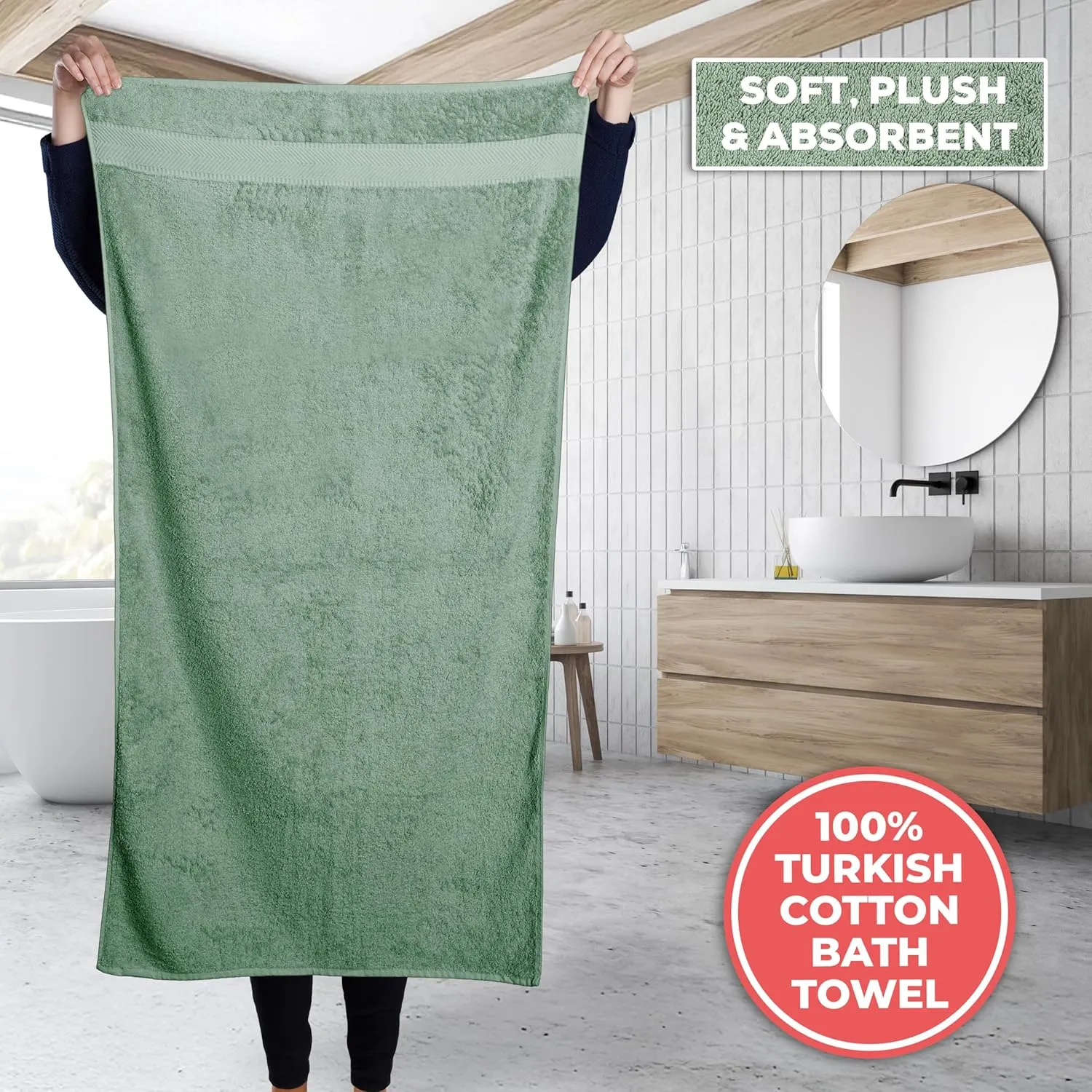 TEXTILOM 100% Turkish Cotton 2 Pcs Bath Towel Set, Luxury Bath Towels for Bathroom, Soft & Absorbent Hotel Quality Bathroom Towels Set (27 x 54 inches)- Green