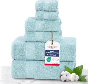 TEXTILOM 100% Turkish Cotton 6 Pcs Luxury Bath Towel Set, Soft & Absorbent Towels for Bathroom (2 Bath Towels, 2 Hand Towel, 2 Washcloths) - Aqua