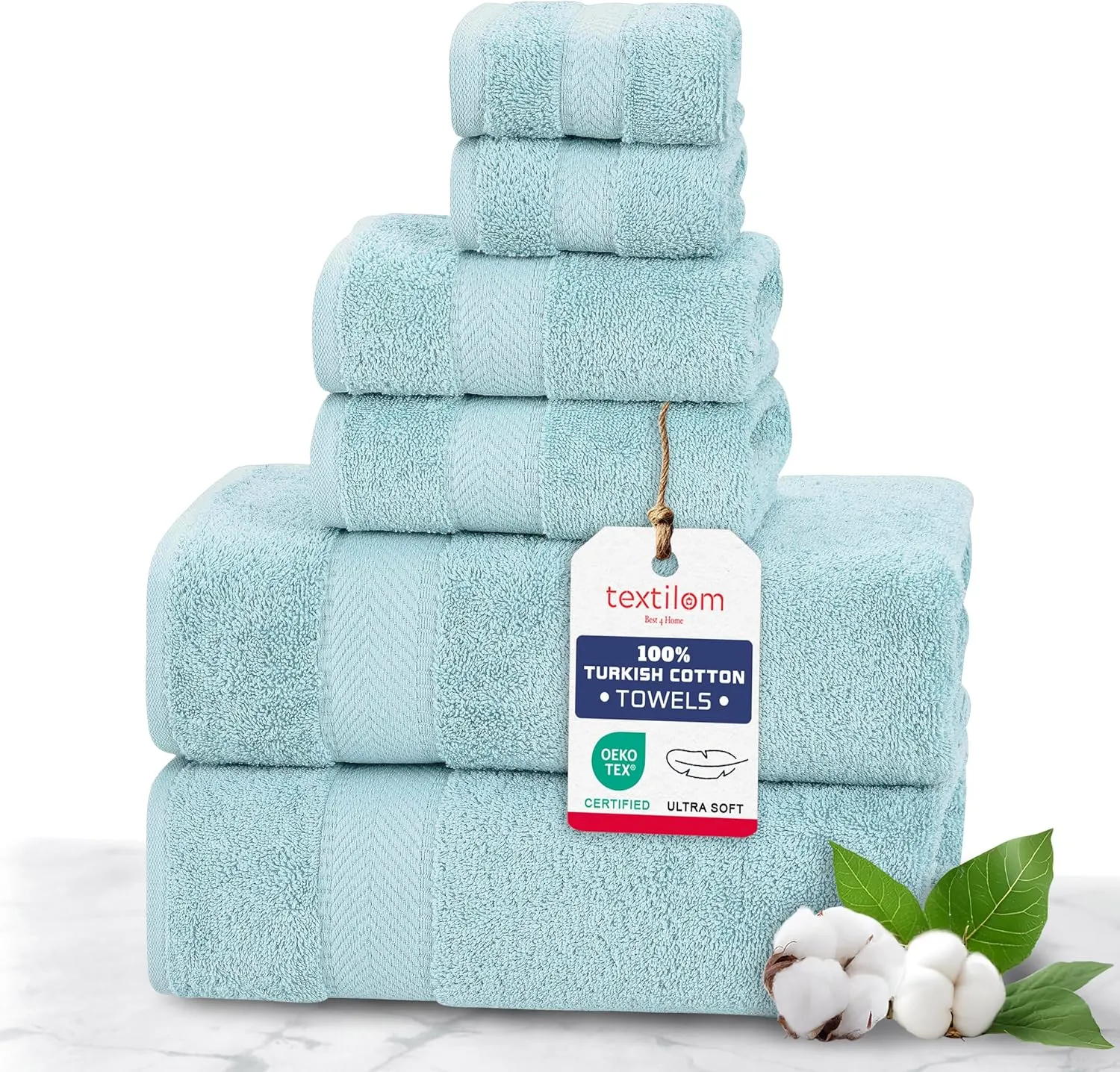 TEXTILOM 100% Turkish Cotton 6 Pcs Luxury Bath Towel Set, Soft & Absorbent Towels for Bathroom (2 Bath Towels, 2 Hand Towel, 2 Washcloths) - Aqua