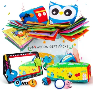 teytoy Montessori Baby Toys 6 to 12 Months, 5 in 1 Newborn Gift Set Brain Development High Contrast Toy with Rattles Tummy Time Mirror Soft Baby Book Buckle Pillow Tissue Box Toys Set