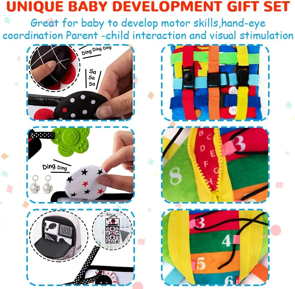 teytoy Montessori Baby Toys 6 to 12 Months, 5 in 1 Newborn Gift Set Brain Development High Contrast Toy with Rattles Tummy Time Mirror Soft Baby Book Buckle Pillow Tissue Box Toys Set