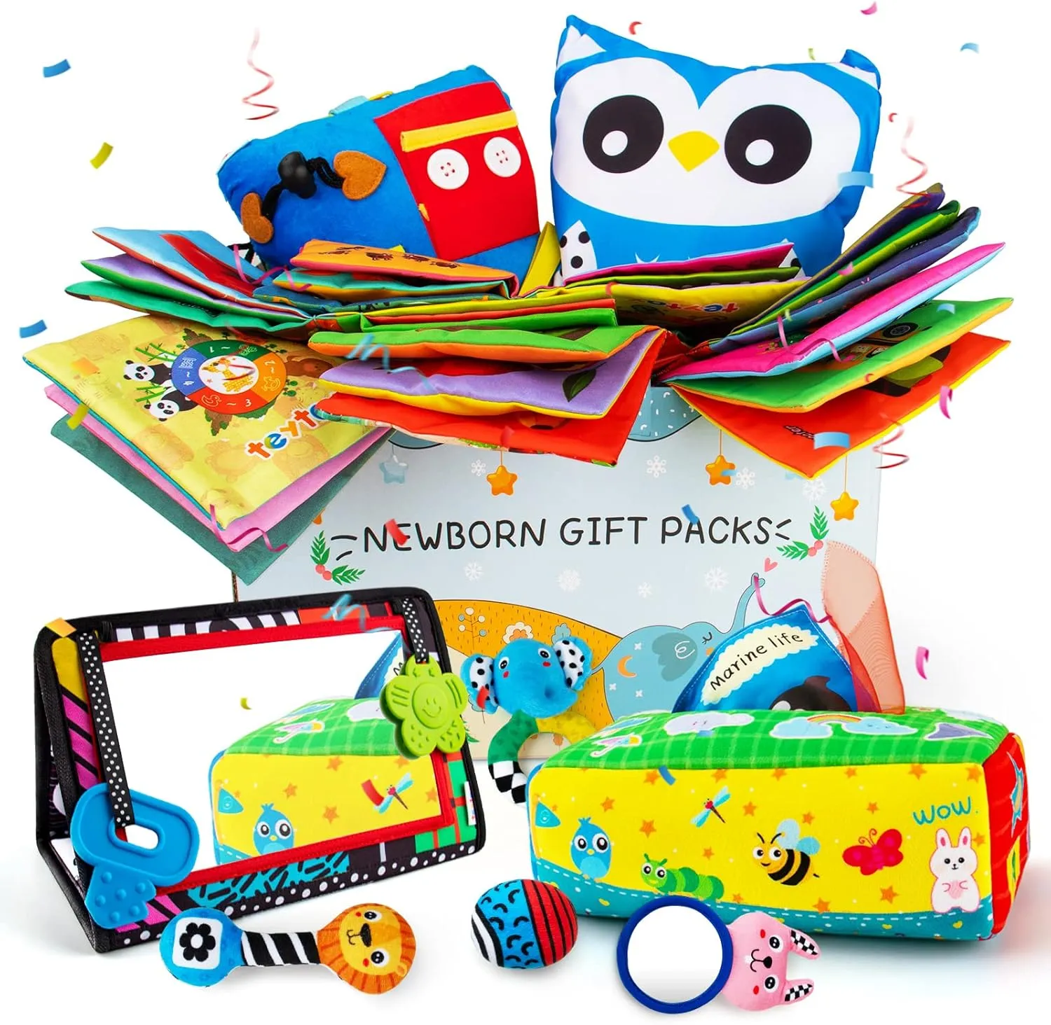 teytoy Montessori Baby Toys 6 to 12 Months, 5 in 1 Newborn Gift Set Brain Development High Contrast Toy with Rattles Tummy Time Mirror Soft Baby Book Buckle Pillow Tissue Box Toys Set