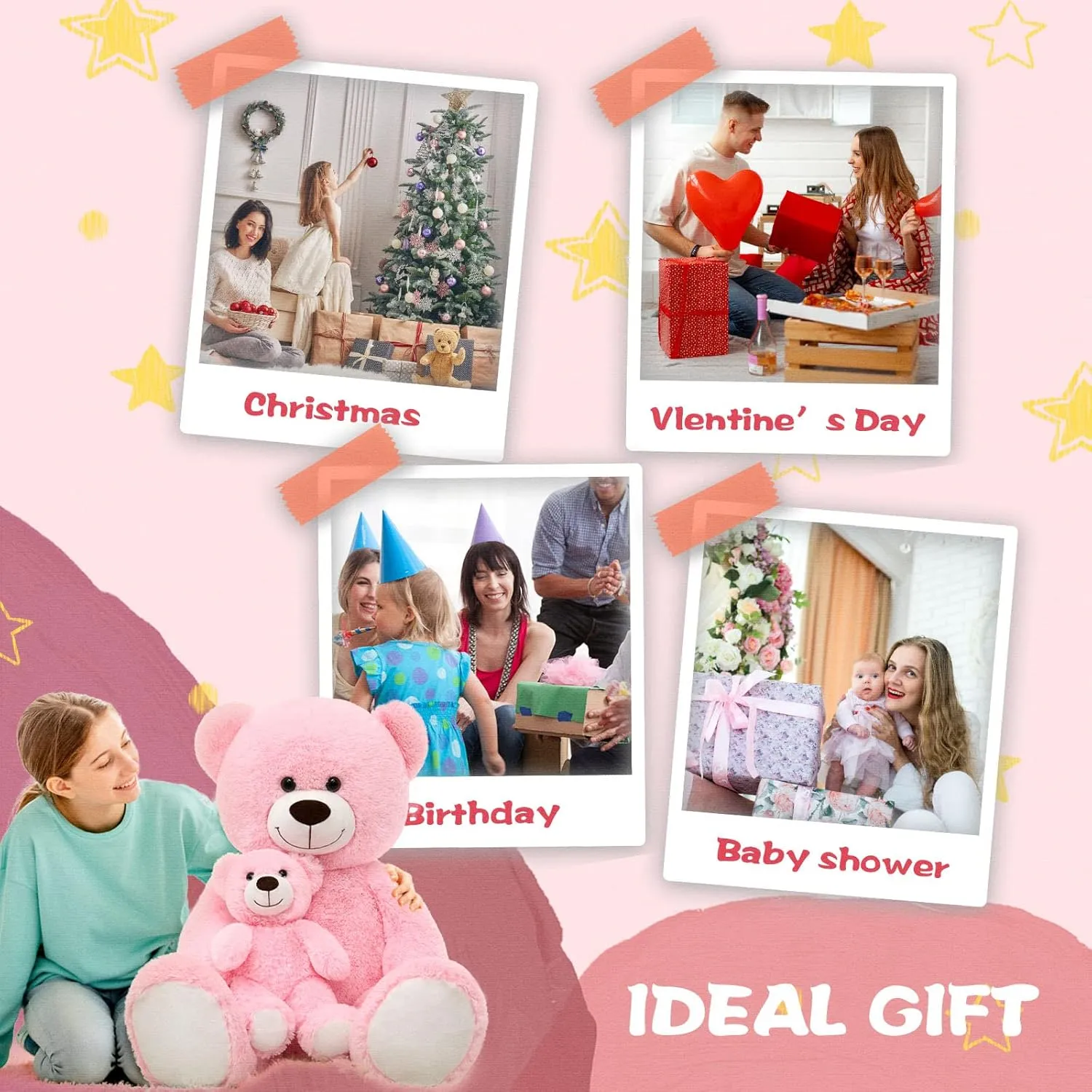 Tezituor Giant Stuffed Animal 39in, Large Teddy with Baby, Big Stuffed Bear for Kids, Girlfriend on Valentine, Christmas, Baby Shower, Pink