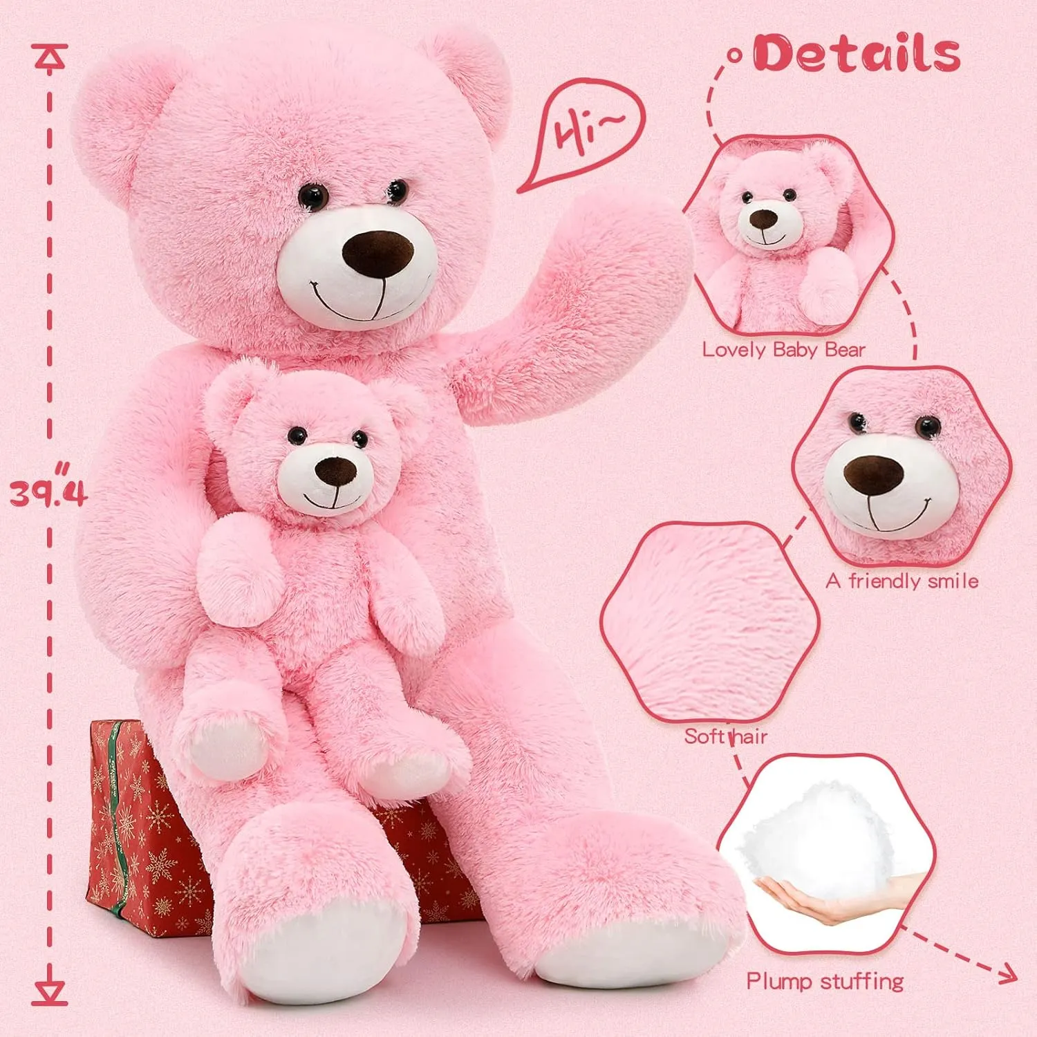 Tezituor Giant Stuffed Animal 39in, Large Teddy with Baby, Big Stuffed Bear for Kids, Girlfriend on Valentine, Christmas, Baby Shower, Pink
