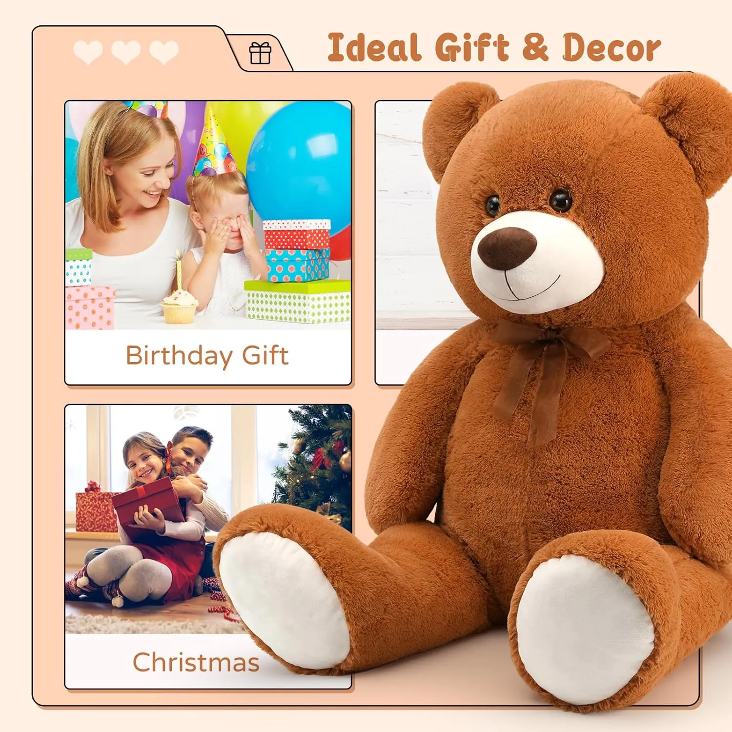 Tezituor Giant Teddy Bear Stuffed Animal 51in, Big Stuffed Bear Plush for Baby Shower, Soft Life Size Teddy Bear Gift for Kids, Girlfriend on Birthday, Valentine, Christmas（Brown）