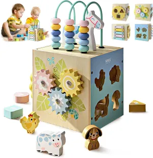 Tiiano Wooden Activity Cube | Montessori Toys | 5-in-1 Educational Sensory Toy for 1-3 Year Old Baby, Toddler, Kid, Boy | Birthday Gift
