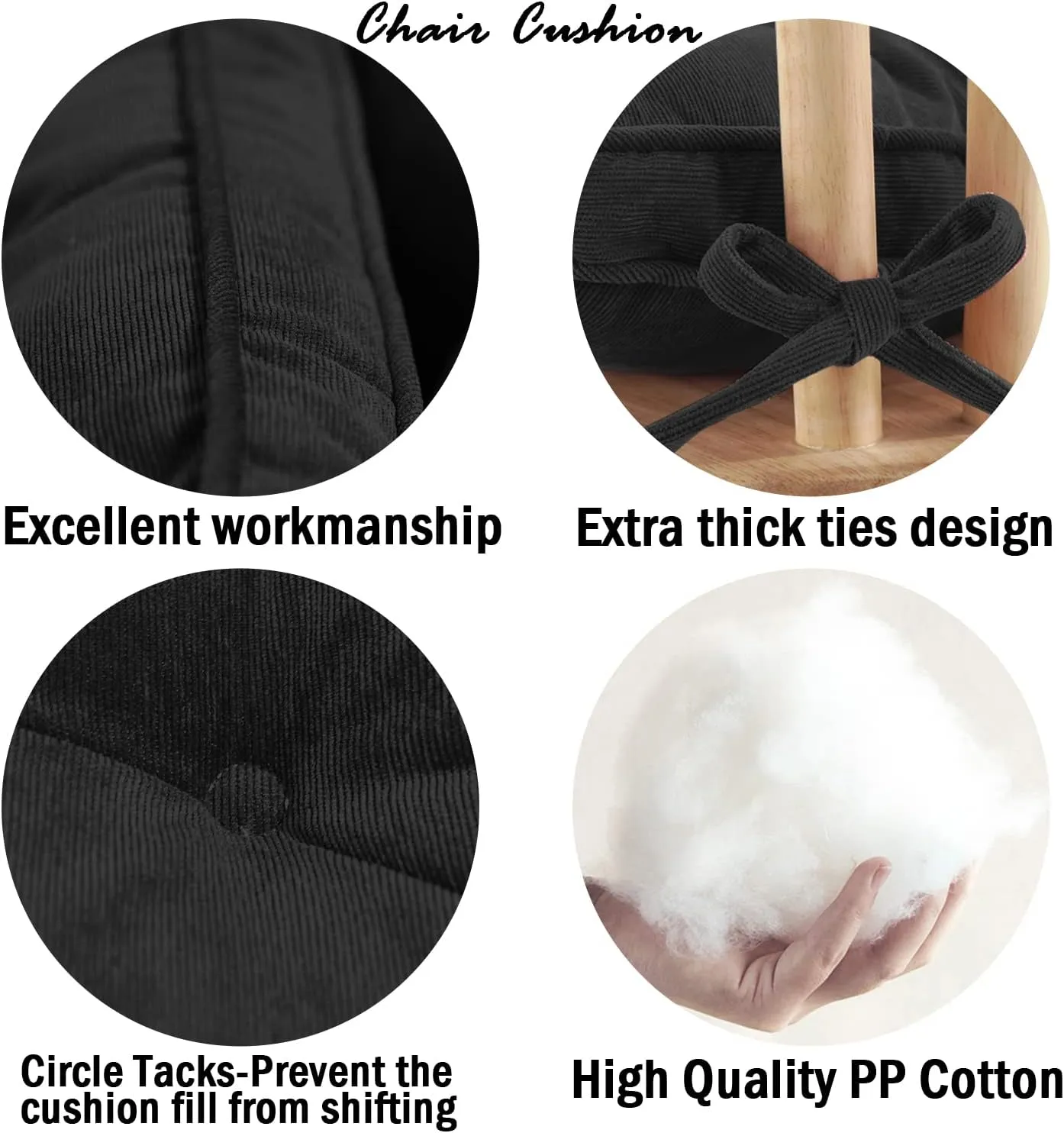 Tiita 18x18 Inch Cushions Chair Pads with Ties, Square Seat Floor Pillows Pad for Outdoor Kitchen Dining Chairs with Ties Set of 2, Black