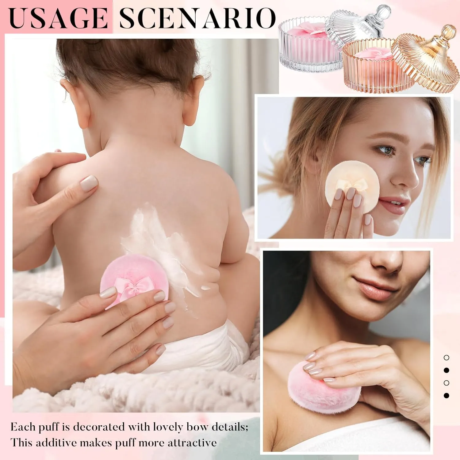 Tioncy 4 Pcs Large Body Powder Puff and Container Extra Large Body Powder Puff Dish Soft Washable Reusable Fluffy Makeup Sponge Wet Dry(Simple,Clear and Amber)