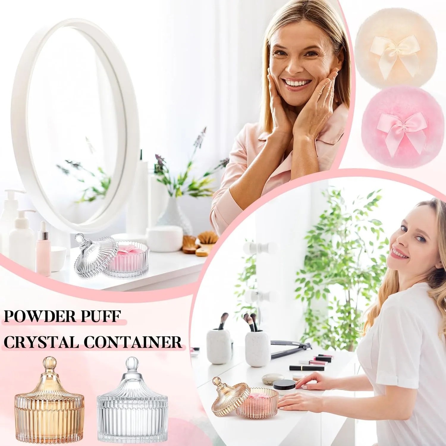 Tioncy 4 Pcs Large Body Powder Puff and Container Extra Large Body Powder Puff Dish Soft Washable Reusable Fluffy Makeup Sponge Wet Dry(Simple,Clear and Amber)