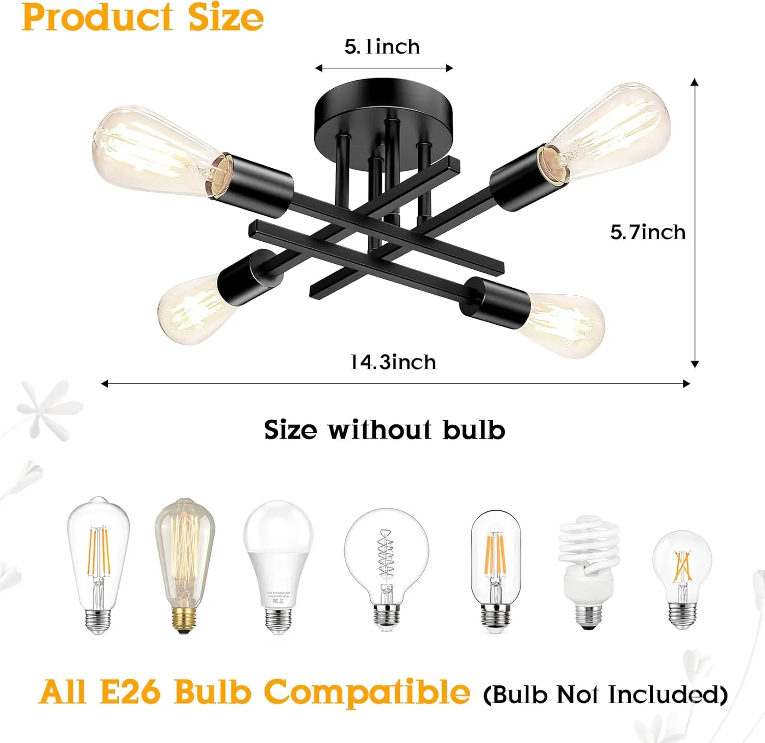 TOBUSA Semi Flush Mount Ceiling Light Fixture Matte Black, Modern Sputnik Close to Ceiling Light, Chandelier Light Fixture Ceiling for Bedroom Kitchen Living Room Dining Room, 4 Light E26 Socket