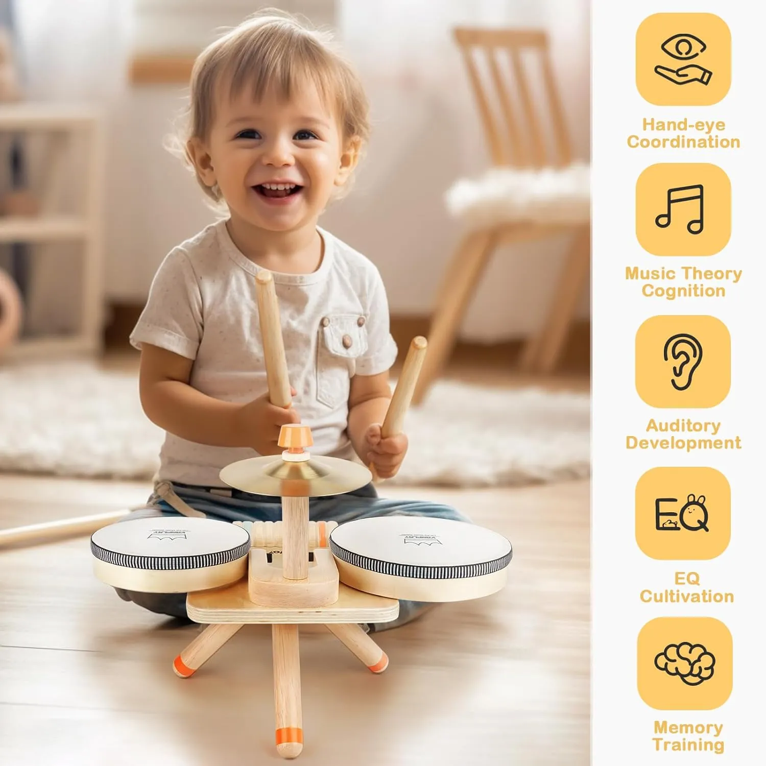 Toddler Drum Set - 5 in 1 Wooden Musical Toys for Toddlers 3 , Montessori Toys for Baby Boy Girls Easter Birthday Gifts for Kids Age 3 4 5 6