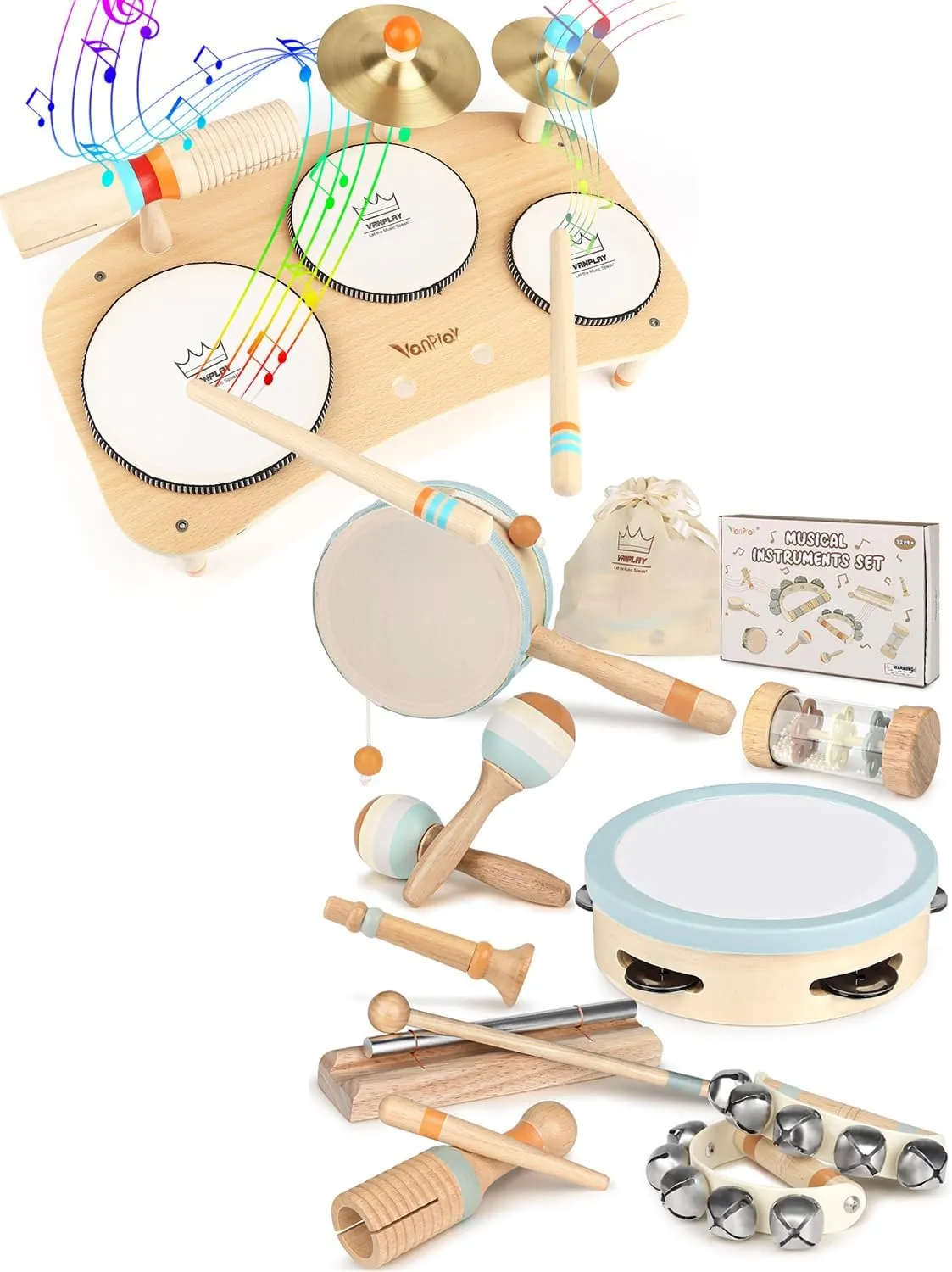 Toddler Musical Toys, Kids Drum Set for Toddlers 1-3, Natural Wooden Percussion Instruments Toy for Kids, Preschool Educational Montessori Toys for Boys and Girls Toddler Baby 1-3-5-9
