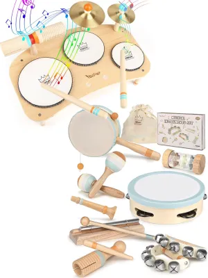 Toddler Musical Toys, Kids Drum Set for Toddlers 1-3, Natural Wooden Percussion Instruments Toy for Kids, Preschool Educational Montessori Toys for Boys and Girls Toddler Baby 1-3-5-9