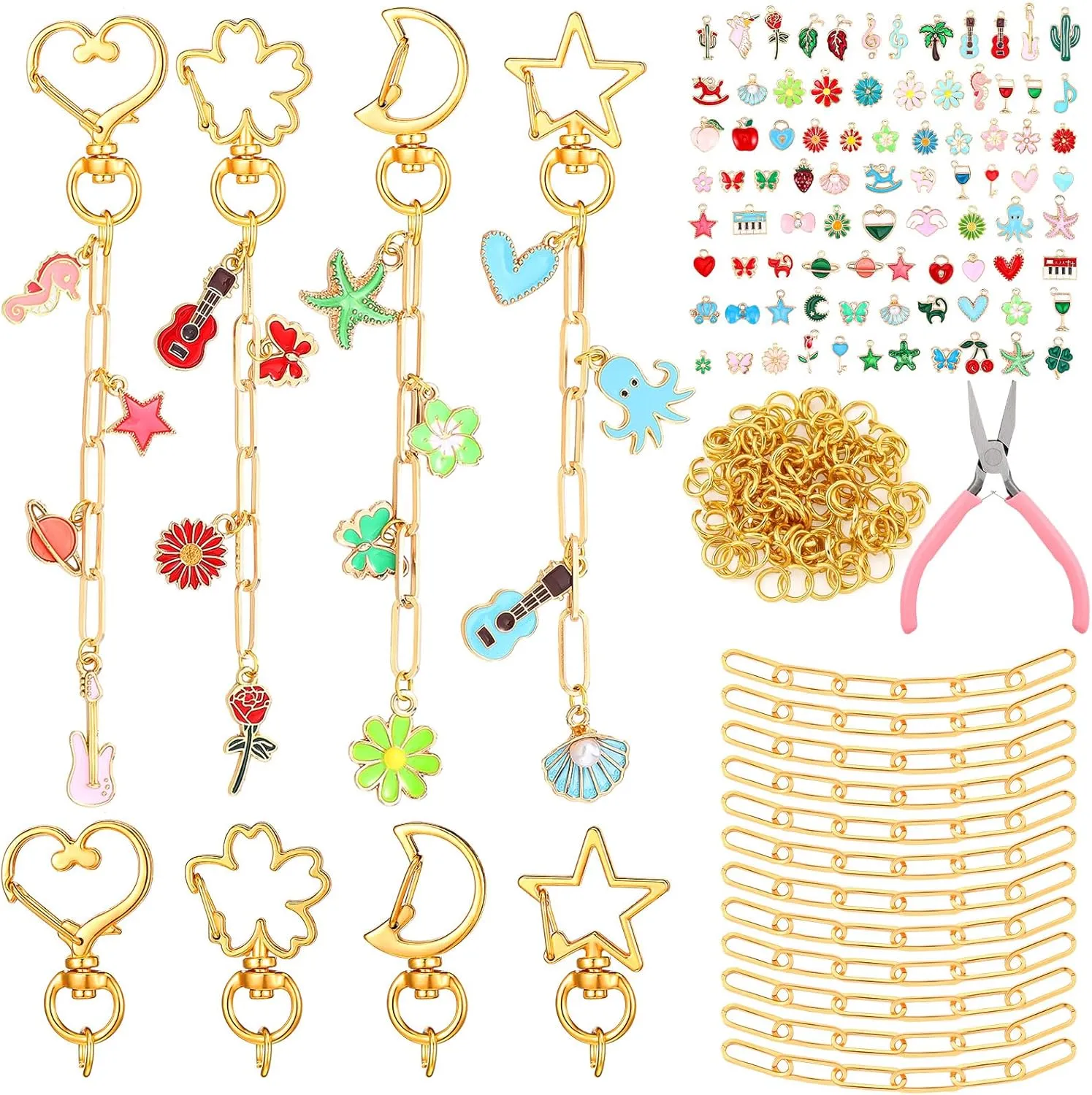Tondiamo 241 Pcs Gold Keychain Making Kit Bulk Bag Charm Kit 100 Charms 20 Heart Shaped Star Shape Swivel Spring Clasps 100 Jump Ring 20 Extender Chain Jewelry Plier for DIY Craft Supplies Gift
