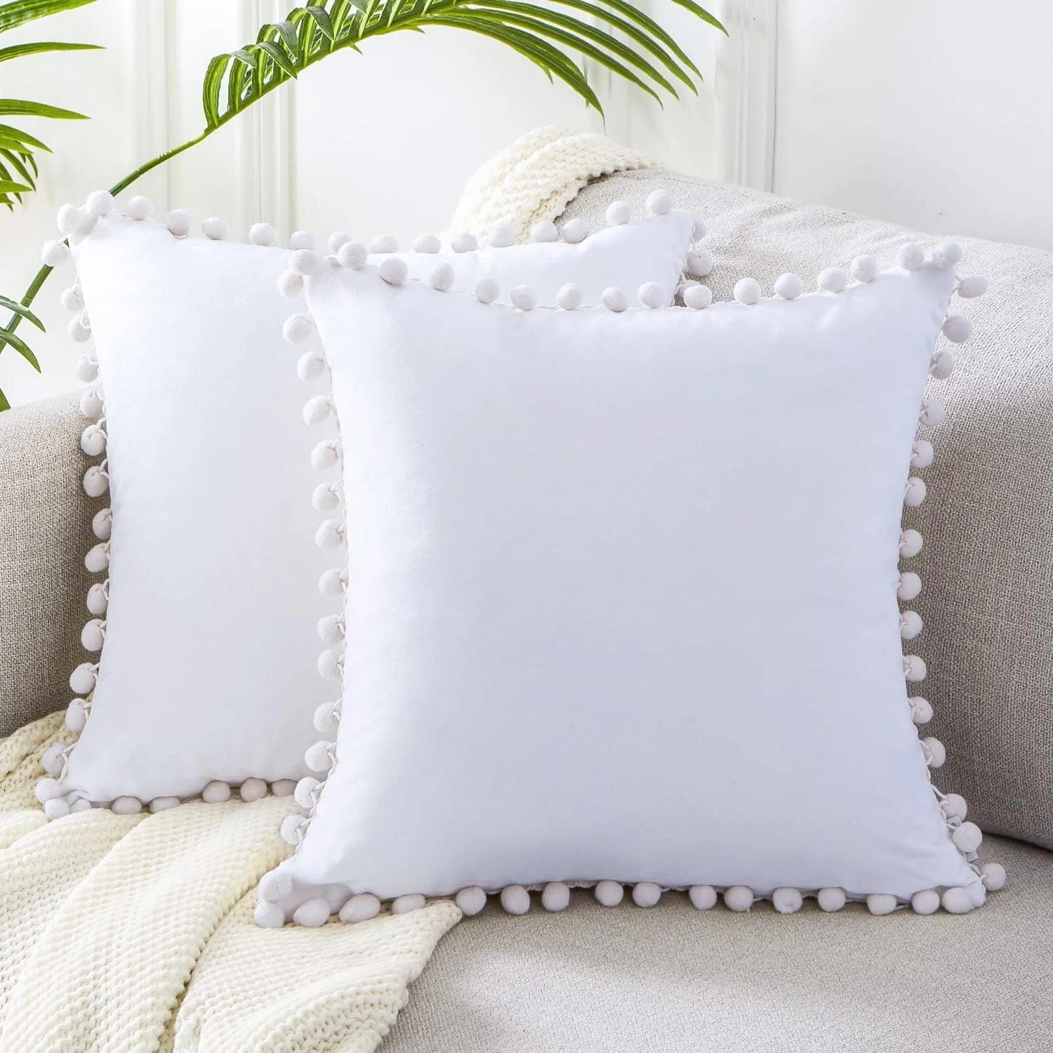Top Finel Pack of 2 Decorative Throw Pillow Covers 20x20 Pure White Soft Velvet Couch Pillow Covers Square Cushion Covers with Tassels for Bedroom Living Room Car Modern Aesthetic Home Decor