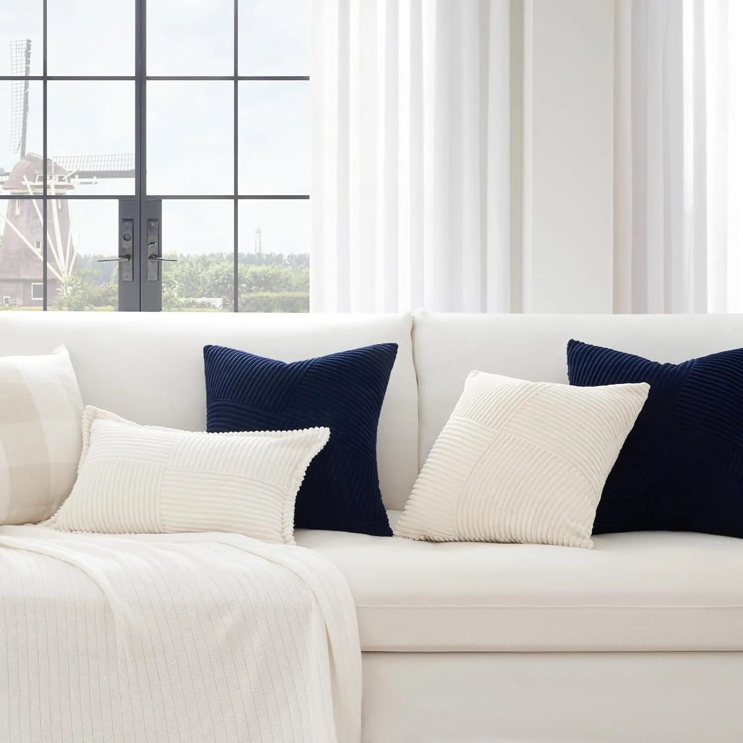 Topfinel Blue Throw Pillow Covers 20x20 Inch Soft Corduroy Decorative Pillow Covers Boho Stripe Textured Patchwork Fall House Decor Cushion Cases for Couch Sofa Bed,Blue