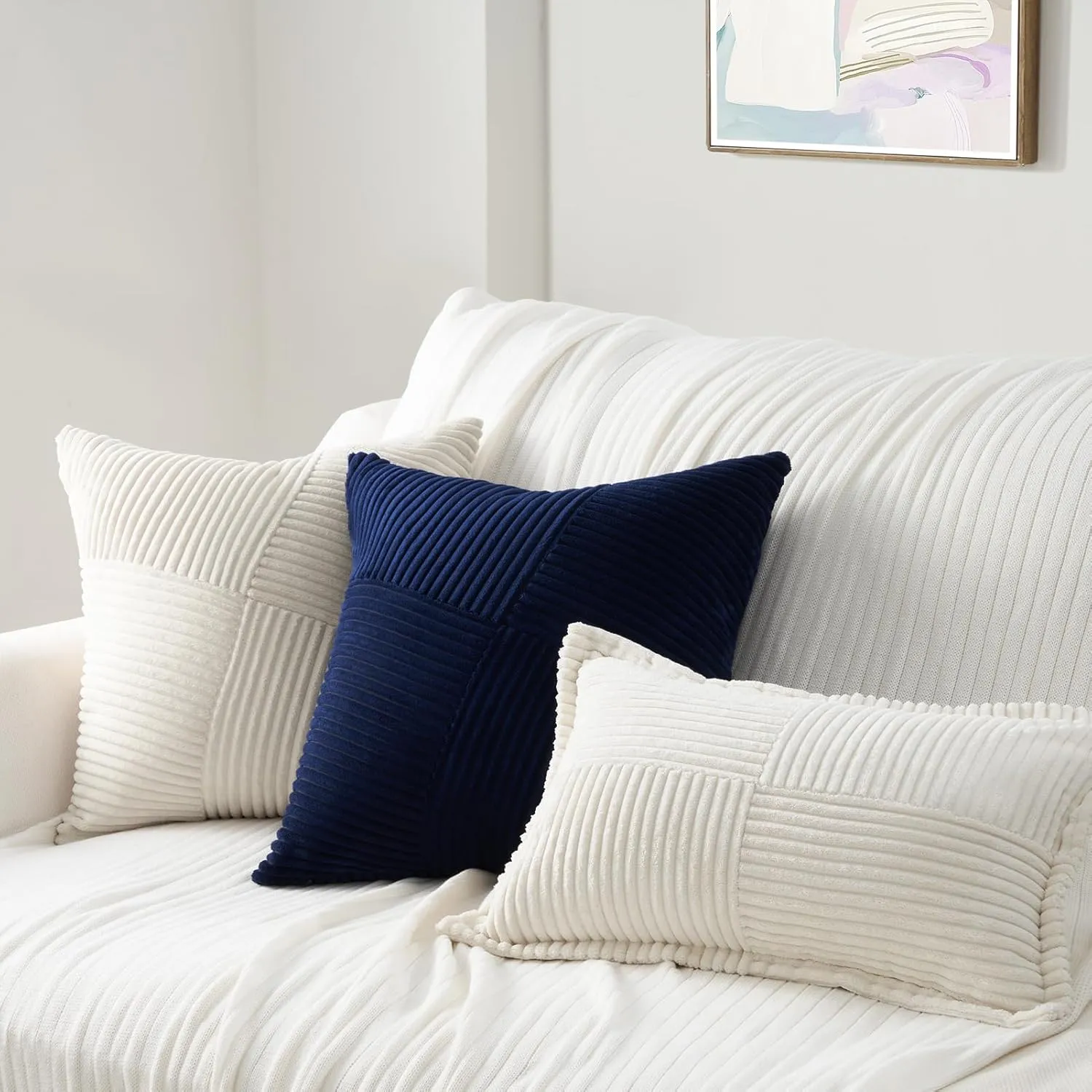 Topfinel Blue Throw Pillow Covers 20x20 Inch Soft Corduroy Decorative Pillow Covers Boho Stripe Textured Patchwork Fall House Decor Cushion Cases for Couch Sofa Bed,Blue