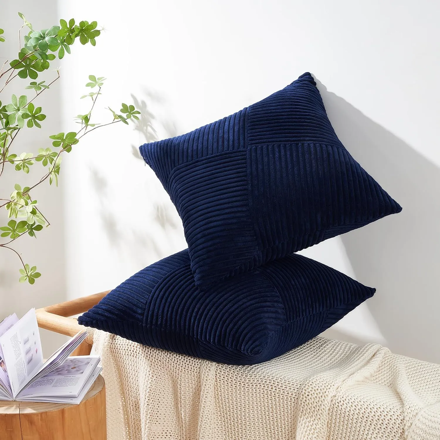 Topfinel Blue Throw Pillow Covers 20x20 Inch Soft Corduroy Decorative Pillow Covers Boho Stripe Textured Patchwork Fall House Decor Cushion Cases for Couch Sofa Bed,Blue