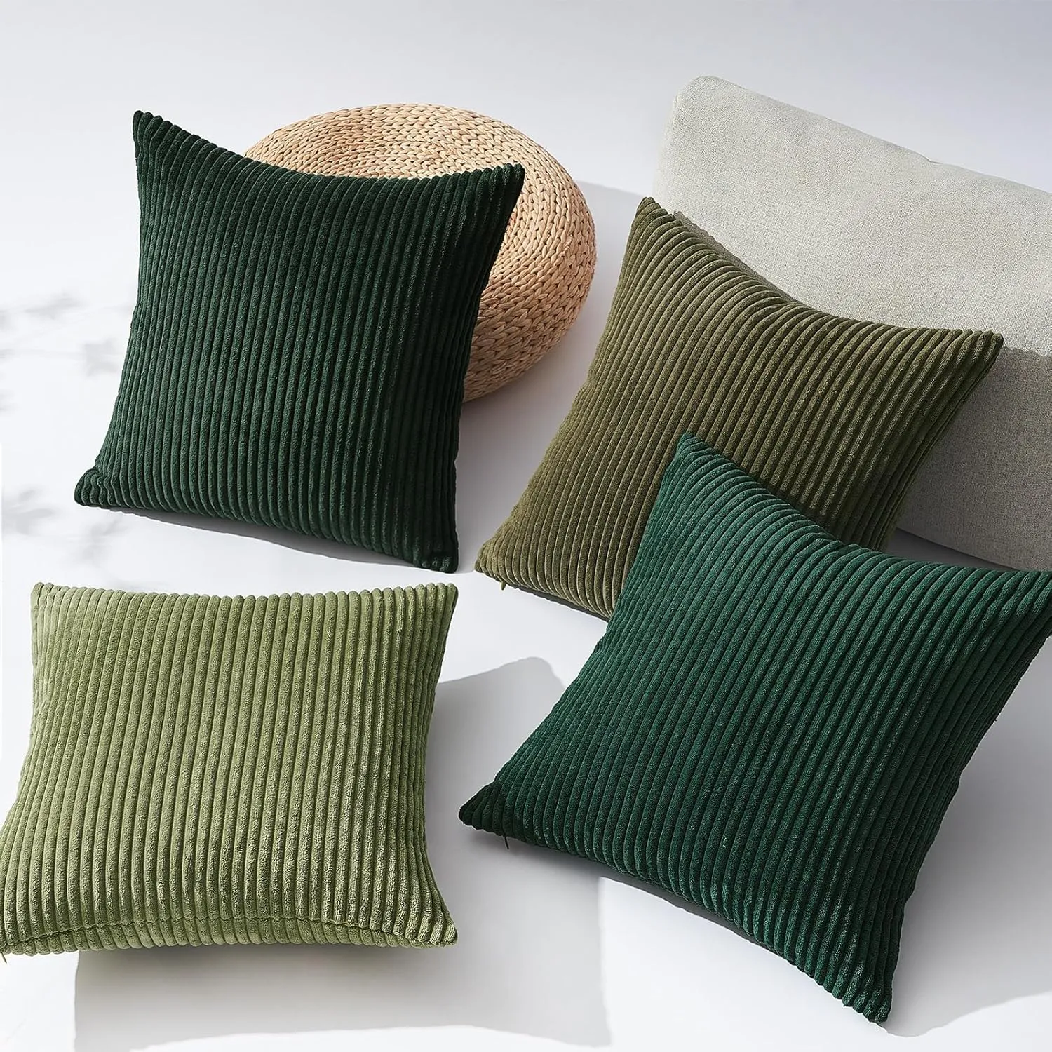 Topfinel Couch Throw Pillows Covers 18x18 Inch Set of 4,Olive Emerald Green Corduroy Decorative Cushion Case,Rustic Fun Living Room Decor fundas para cojines