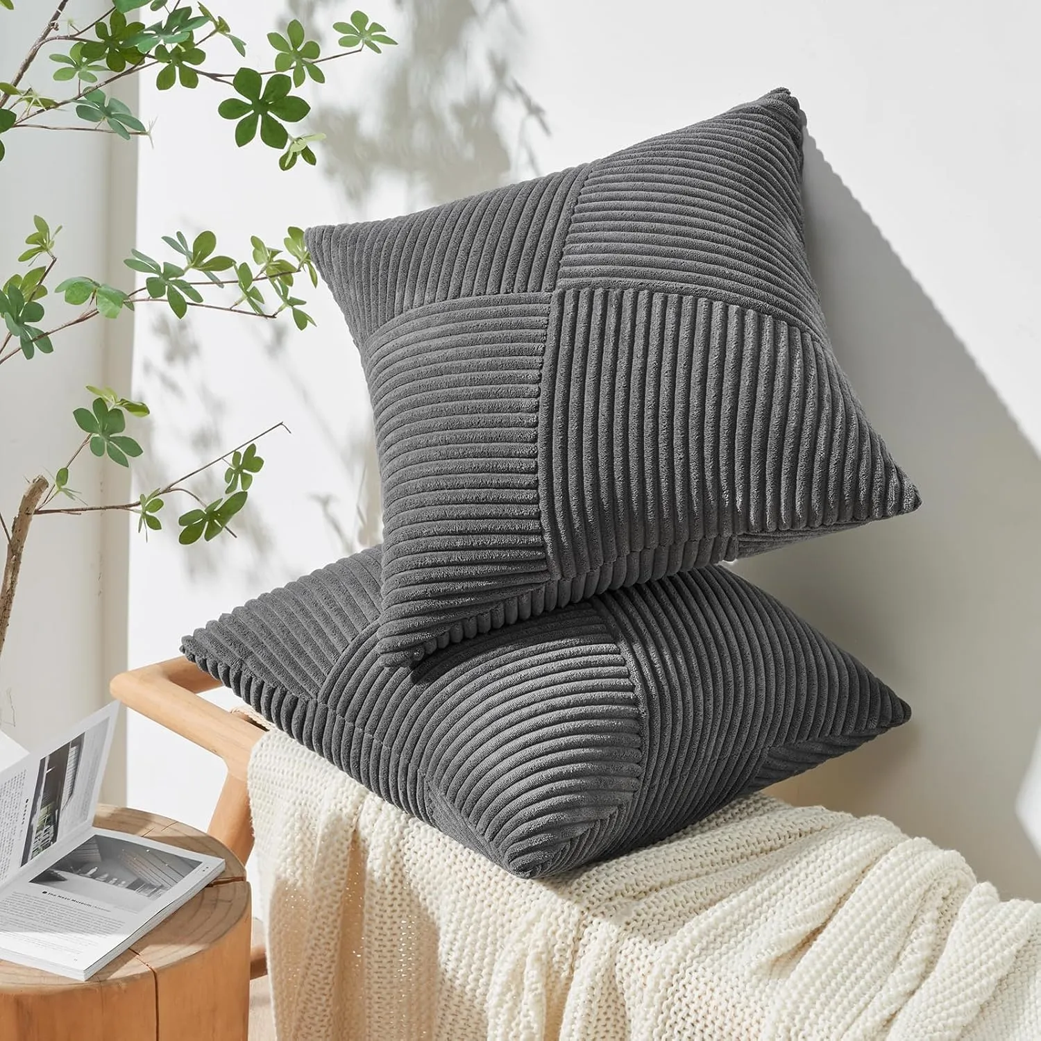 Topfinel Darkgrey Throw Pillow Covers 20x20 Inch Set of 2 Modern Farmhouse Home Decor Pillow Covers for Spring Sofa Living Room Couch Bed Soft Corduroy Textured Boho Striped Patchwork Cushion Cases