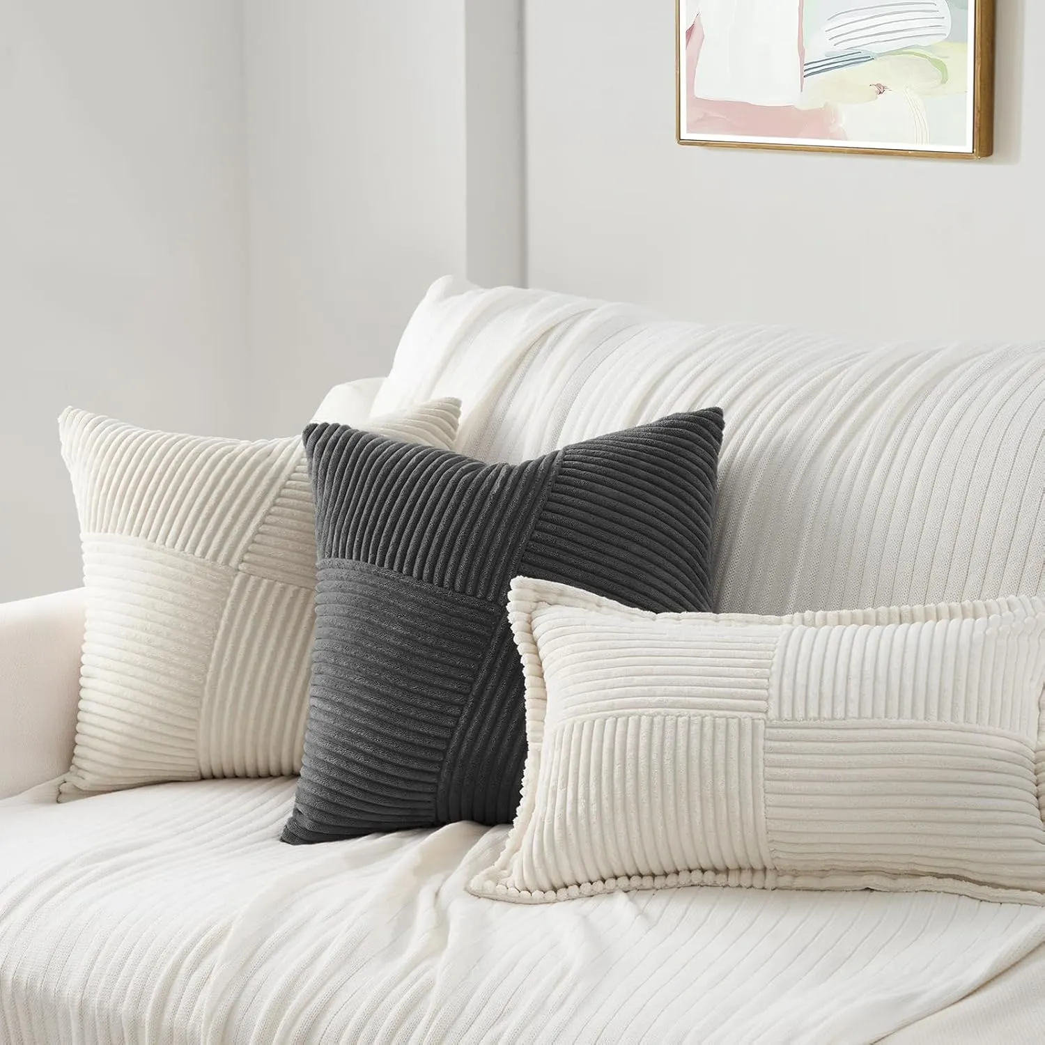 Topfinel Darkgrey Throw Pillow Covers 20x20 Inch Set of 2 Modern Farmhouse Home Decor Pillow Covers for Spring Sofa Living Room Couch Bed Soft Corduroy Textured Boho Striped Patchwork Cushion Cases