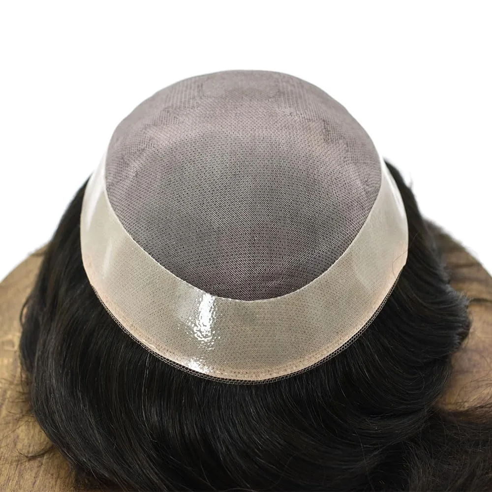 Toupee Hair Piece For Men Hair Replacement System Real Human Hair Fine Mono Toupee For Mens Hair Pieces Men Toupee Hairpiece For Men 7X9#1B Off Black 120% Density