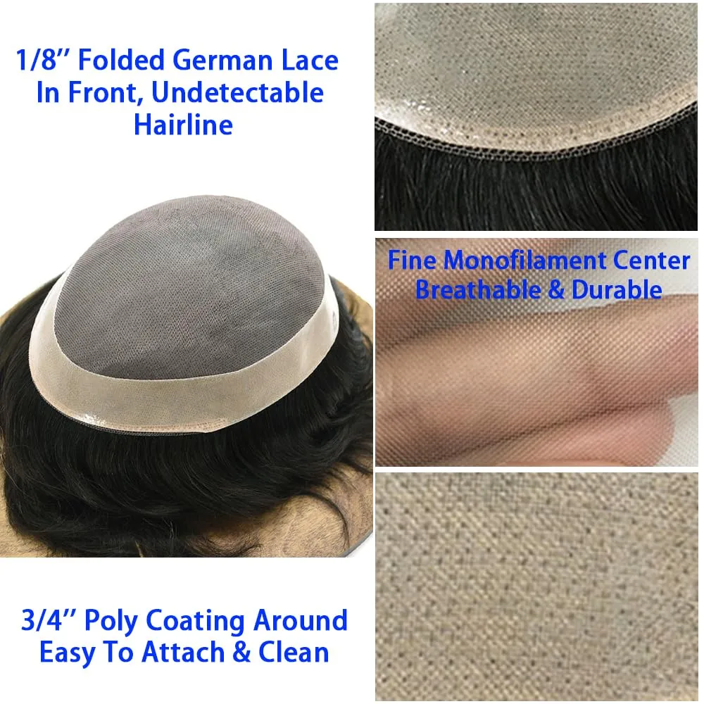 Toupee Hair Piece For Men Hair Replacement System Real Human Hair Fine Mono Toupee For Mens Hair Pieces Men Toupee Hairpiece For Men 7X9#1B Off Black 120% Density