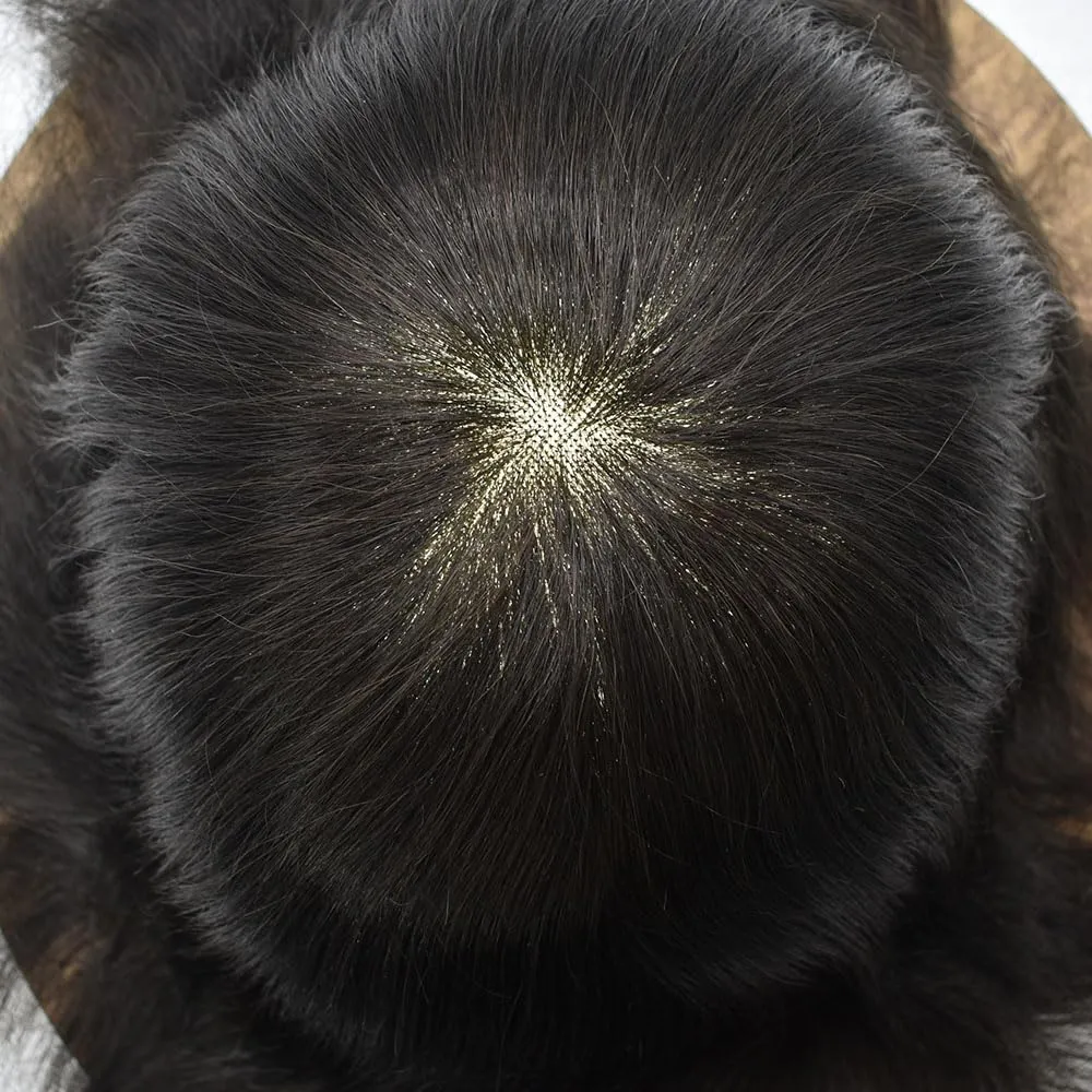 Toupee Hair Piece For Men Hair Replacement System Real Human Hair Fine Mono Toupee For Mens Hair Pieces Men Toupee Hairpiece For Men 7X9#1B Off Black 120% Density