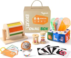 Toyssa Montessori 6 in 1 Wooden Learning Educational Sensory Toys for Babies 0-6 Months with Spinning Drum, Tissue Toys, Baby Rattle, Flash Card - Perfect Birthday Gifts for Boys & Girls