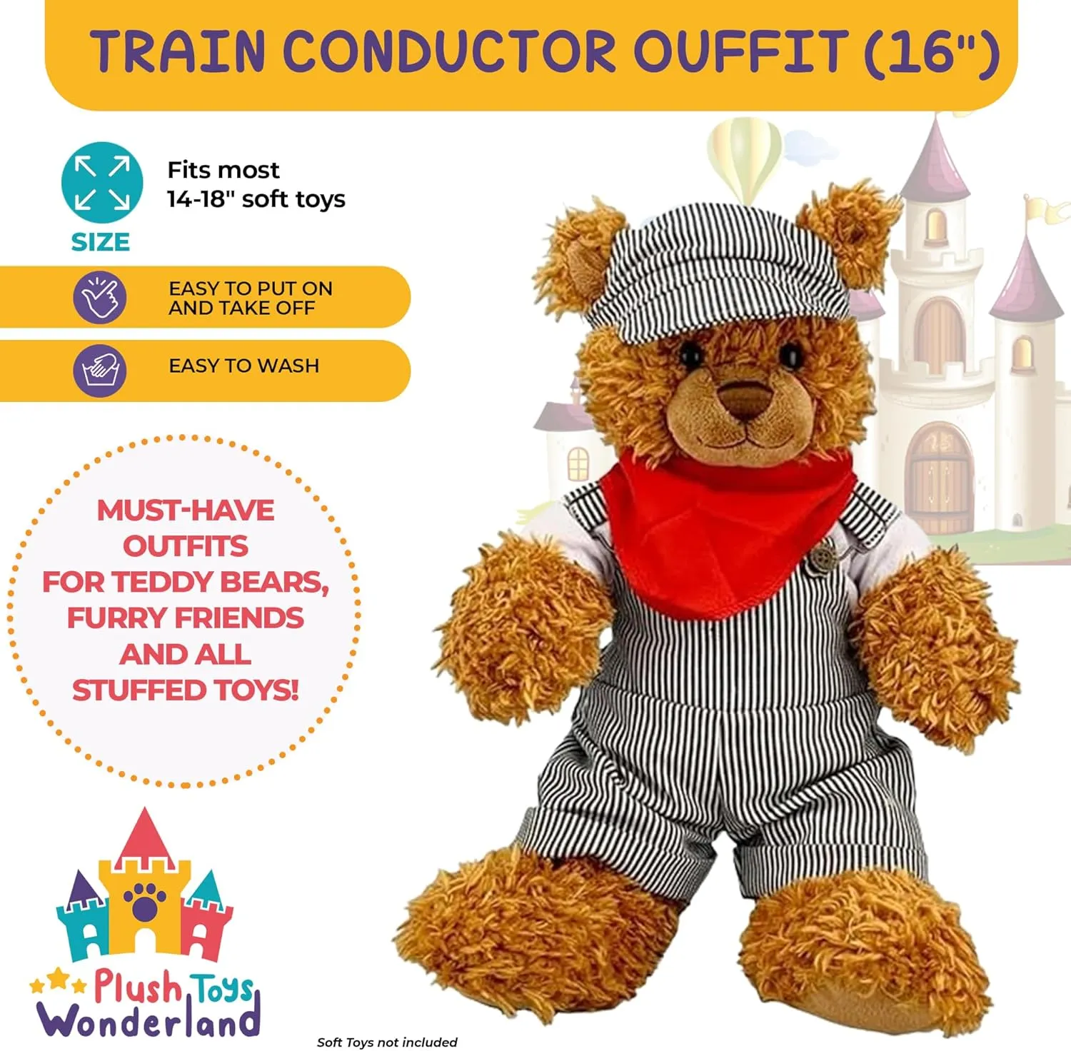 Train Conductor Outfit for Teddy Bears and Plush Toys - Fits Most 14"-18" Stuffed Animals, Adorable Train Conductor Uniform, Perfect Plushie Clothes and Dailywear Gift for Kids