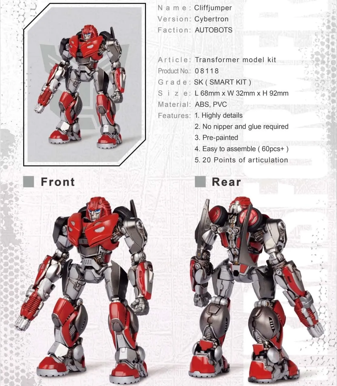 Transformers Cliffjumper Figure Model Kit – Cybertron Easy to Assemble 3D Articulated Action Figure Pre Painted Collectible Series Toys Hobby 08118
