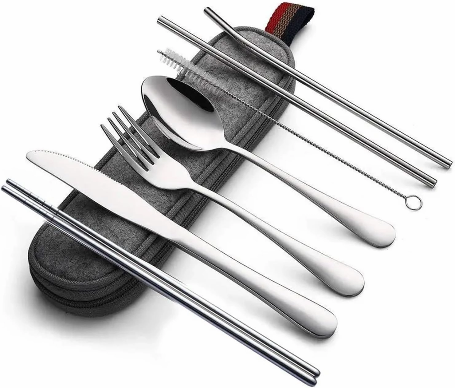 travel utensils 8Pcs/set Tableware Reusable Travel Cutlery Set Camp Utensils Set with stainless steel Spoon Fork(Silver)
